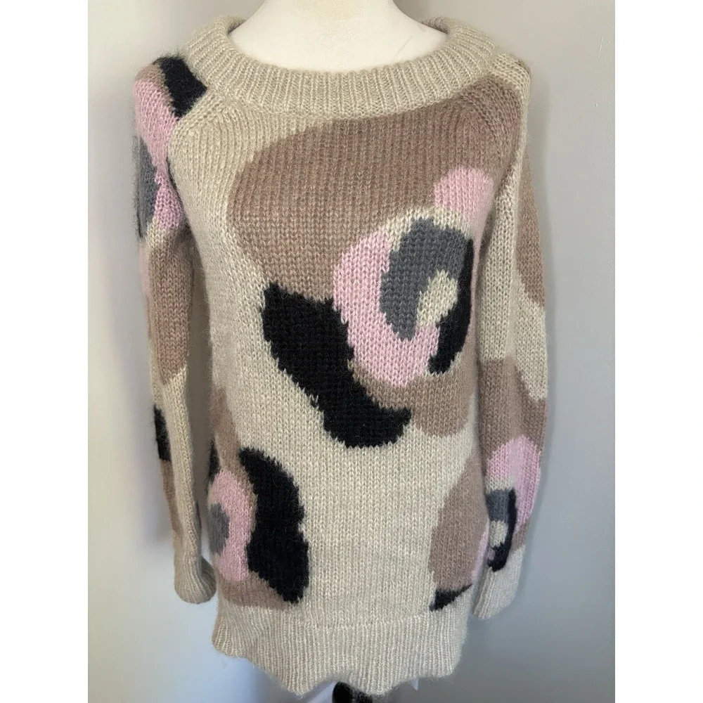 Kate Spade NY Deco Rose Mohair Blend Sweater Beige Pink Floral Intarsia Size XS